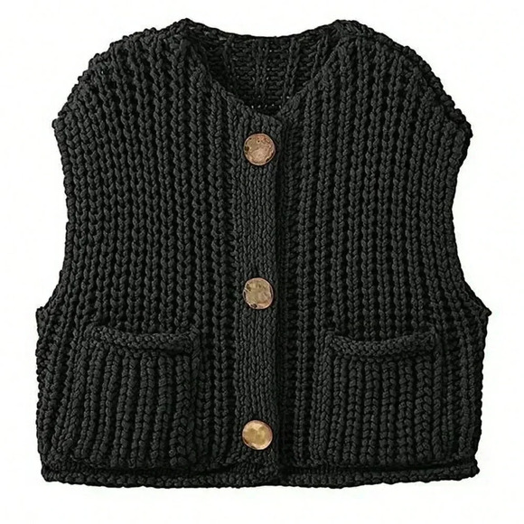 Black Casual Women's Loose Knit Vest With Double Pockets - Picture 3 of 5